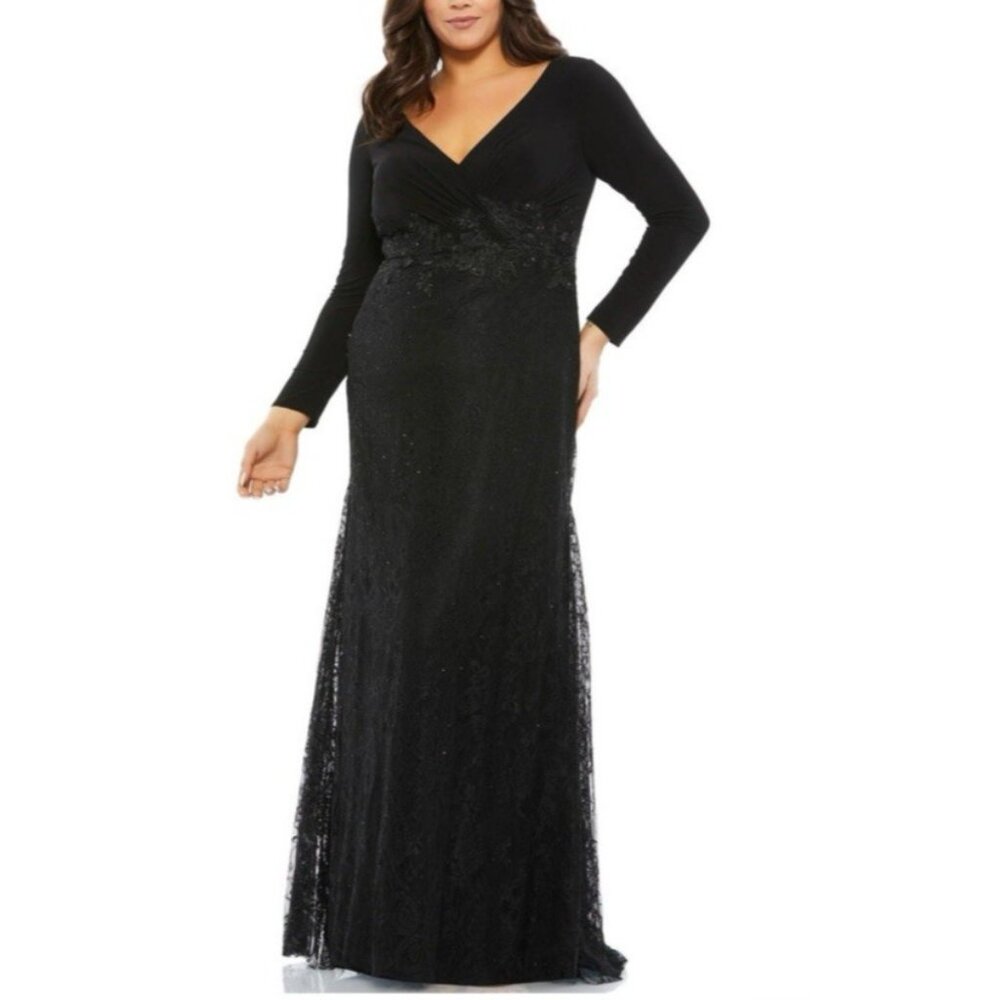Mac Duggal 16 W Black Formal Long Sleeve Lace Applique Trumpet Gown 67896 NEW